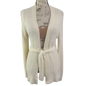 Express Fuzzy Open Front Belted Sweater Cardigan Cream XS